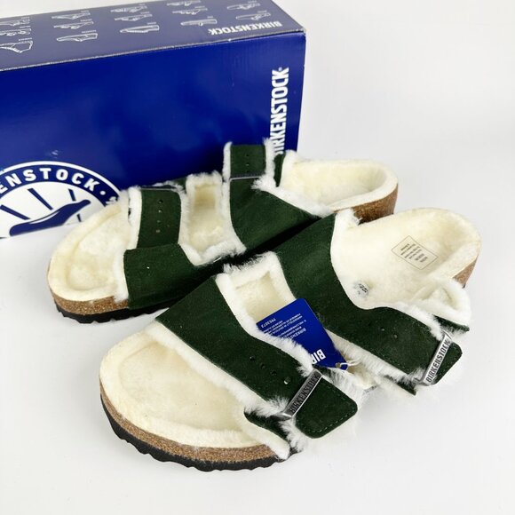 NEW  Birkenstock Arizona Shearling Sandal Suede Lambswool Mountain View Green - Picture 9 of 16